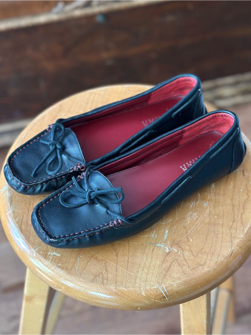 Ralph Lauren Black Leather Moccasins Red Stitch Driving Flats